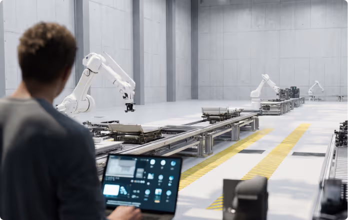 An operator with a tablet overseeing robotic arms on a factory floor